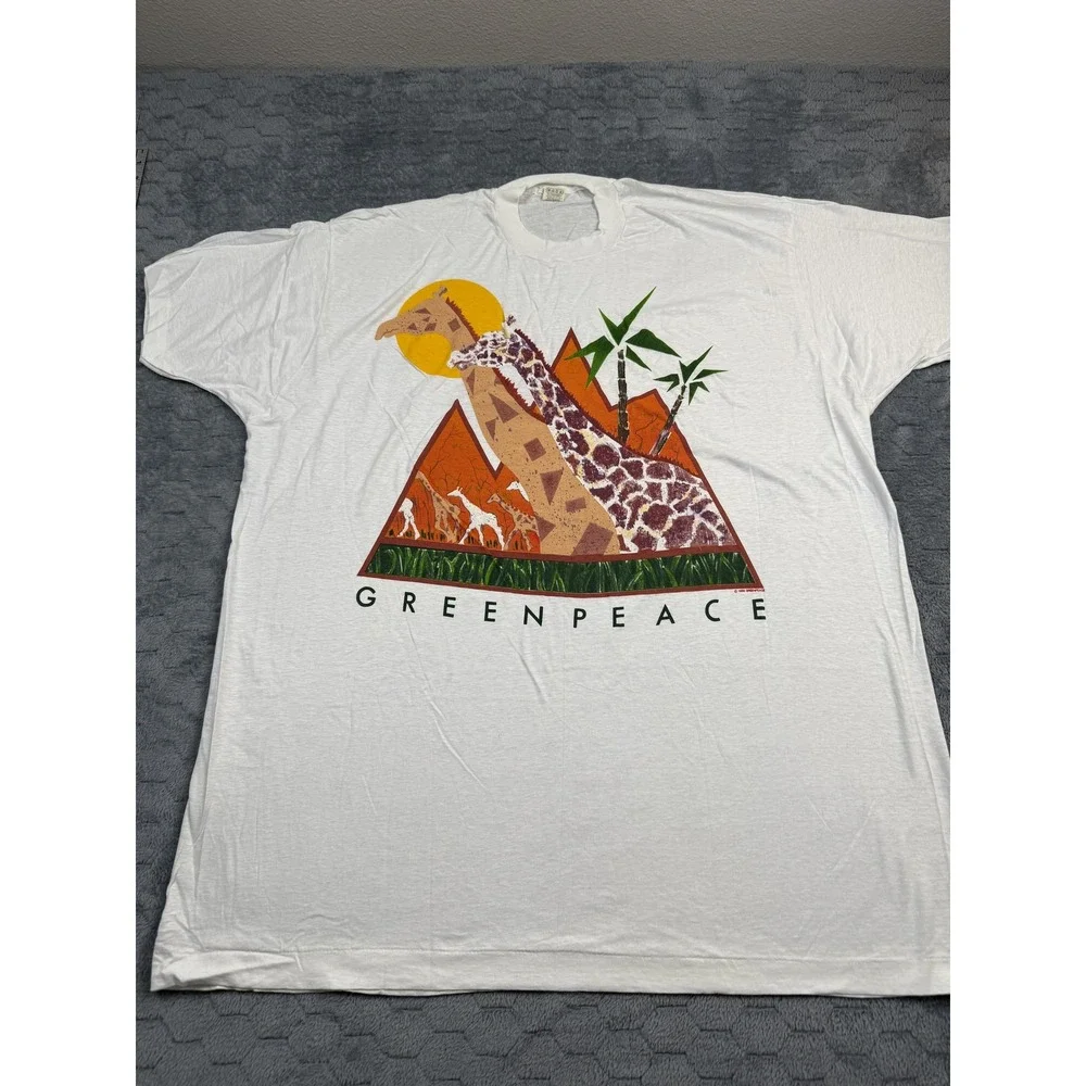 Vintage Greenpeace Shirt Mens 3XL Giraffe Graphic Nature Animal Art 1988‎ 80s
